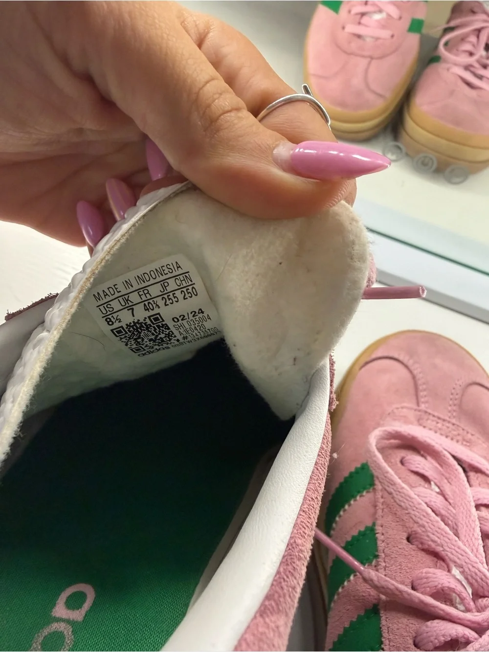 adidas Pink Suede Low-Top Sneakers with Green Stripes